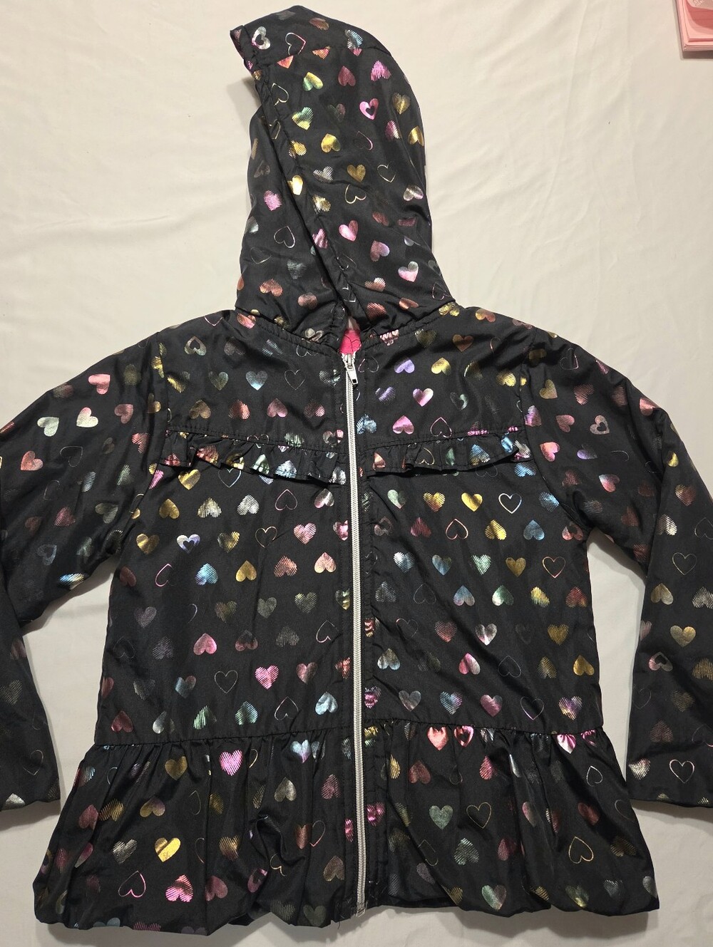Penelope Mack Black Hooded Raincoat with Metallic Multicolor Hearts